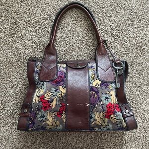 Fossil Long Live Vintage Leather & Floral Velvet Brown Mutlicolor Bag Tote